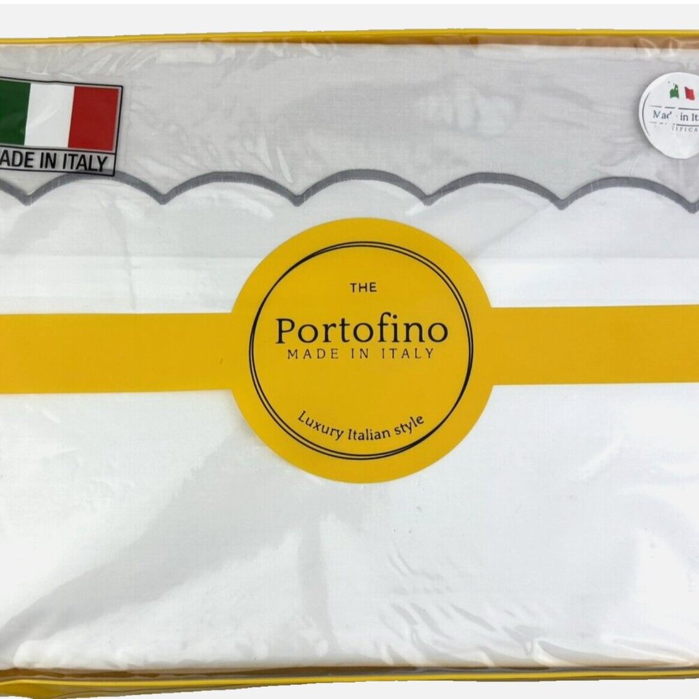 PORTOFINO Embroidered Gray Scalloped QUEEN Size Cotton Sheet Set Made in Italy